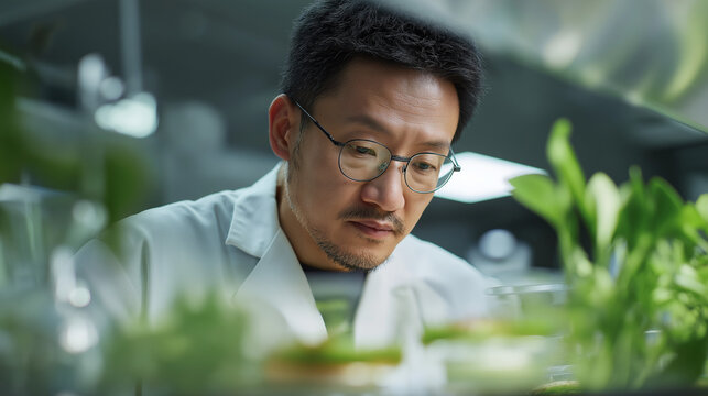 Asian scientist examining plant sample in laboratory. Food technologist developing organic nutrition. Modern biotechnology research for sustainable food production and agriculture science.