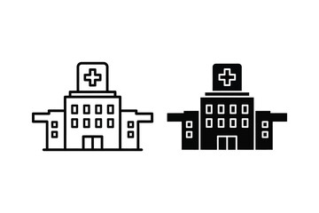 Naklejka premium Modern hospital building icon with cross symbol, clean and minimalist vector art