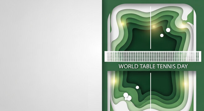 World Table Tennis Day celebration poster featuring green abstract design with tennis court outline and space for text.