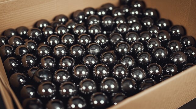 Shiny black balls densely packed in a cardboard box