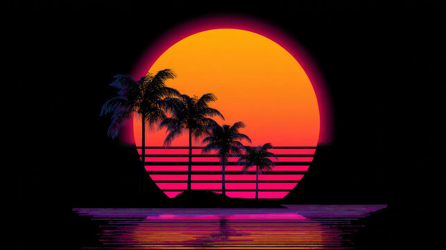 Retro sunset of 80s or 90s. Background of sun for cyberpunk, disco of 80 s and sunrise in miami. Set of neon gradient graphic for summer logo. Futuristic icons for flyer, music and shirt. Vector.
