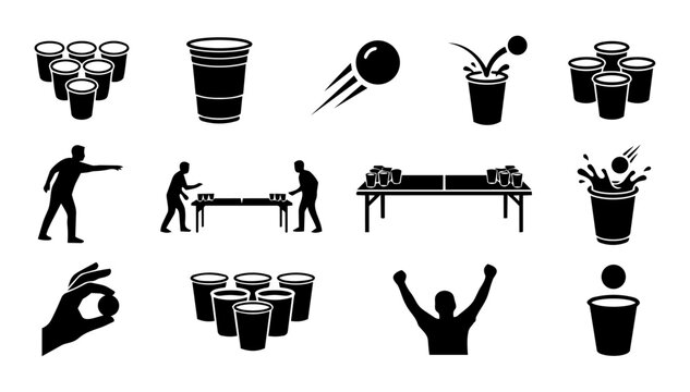 Beer Pong Silhouette Icons Set &ndash; Party Game, Cups, Ping Pong Ball and Drinking Game Collection