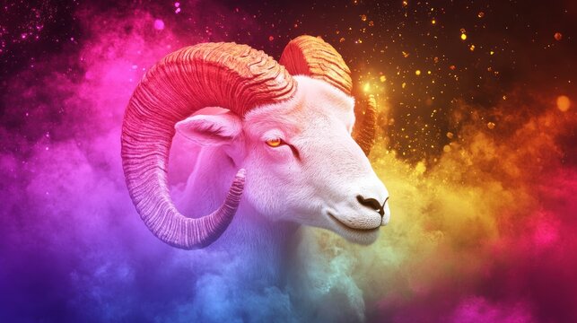 Ram head portrait, vibrant colors, smoke
