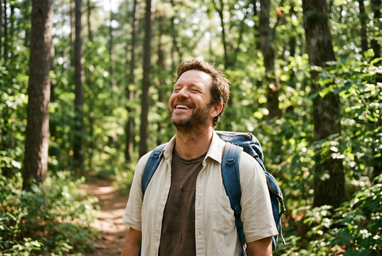 Happy man with backpack stands on trail in forest and enjoys nature.