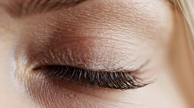 Extreme close-up of a human eye showcasing a vibrant sapphire blue iris with intricate patterns, lush dark eyelashes, and ultra-detailed skin pores reflecting natural light and pure beauty.