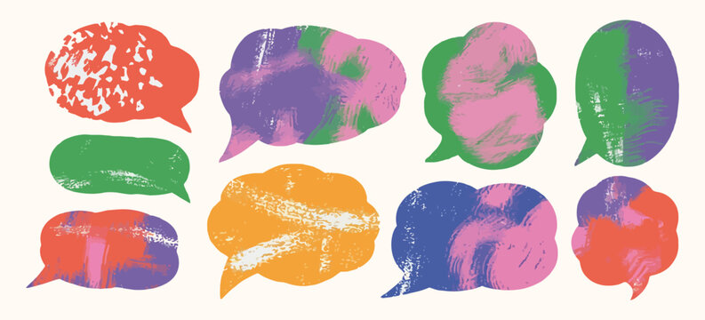 Halftone Risograph Speech Bubbles with Distressed Overlay Texture, Grainy Ink Dotted Effect, Colorful Graffiti Street Style Background with Copy Space for Text, Vintage Urban Stencil Print Design