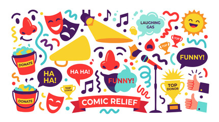 Fototapeta premium Red Noses, Comedy Masks, Microphones, Buckets: Humorous Fundraising for Comic Relief Charity Event, Vibrant Flat Cartoon Vector Art, White Background.