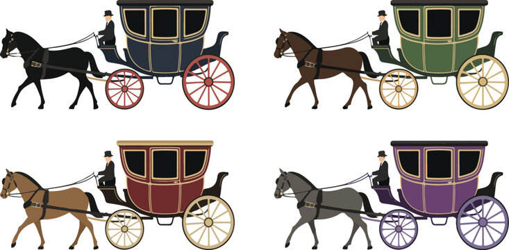 Set of four ornate horse drawn carriages with coachmen, vintage transportation illustration in classic historical style vector