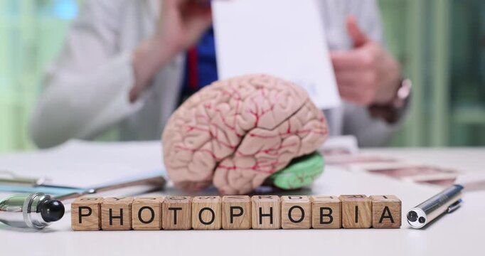 Wooden blocks spell word Photophobia near brain model and pen. Doctor notes light sensitivity recording symptom details during neurology consult