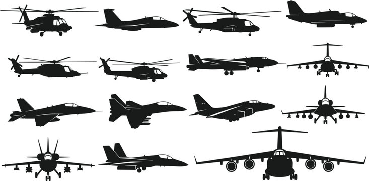 Military aircraft silhouettes collection, fighter jets and helicopters vector illustration, aviation design artwork, transport planes icons showcase