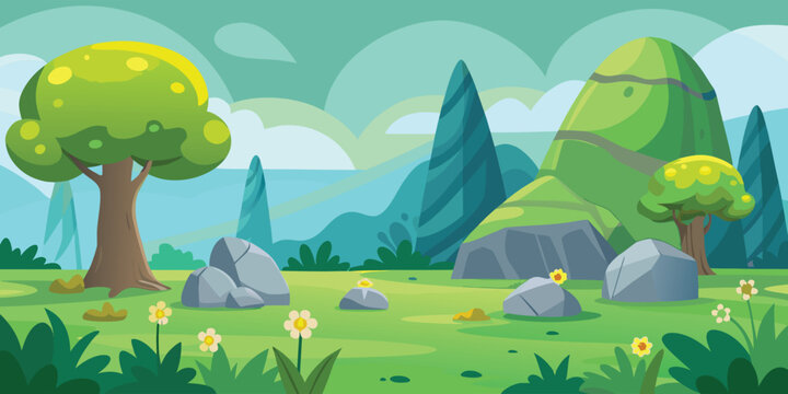 A vibrant cartoon landscape featuring rolling green hills trees rocks and flowers in the meadow