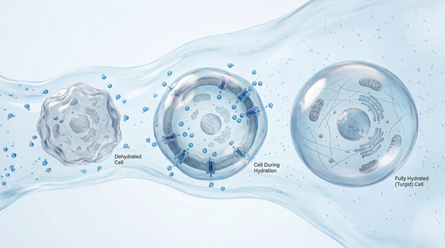 Cellular journey from dehydration to vibrant full hydration, showcasing vital membrane channels and water transport for life