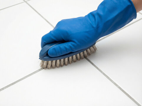 Close up of hand wearing blue protective glove scrubbing tile floor with brush, highlighting cleaning, hygiene, sanitation, home maintenance, disinfecting surfaces and deep grout cleaning routine