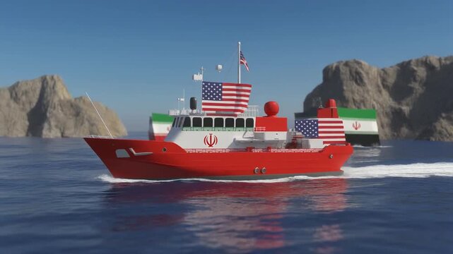 Red boat with American and Iranian flags, emblem displayed, sailing past rocky cliffs, symbolizing diplomacy, conflict, and geopolitical tension.