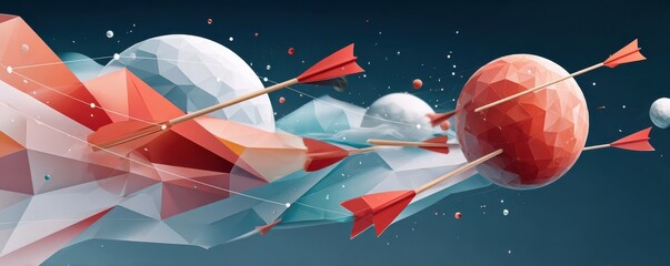Fototapeta premium Abstract low-poly design of arrows hitting a digital sphere in a dynamic space scene