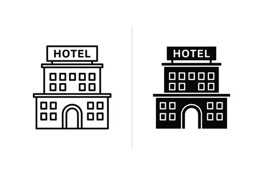 Hotel Building Icon Set - Outline and Solid Hospitality Travel Accommodation Symbol, Lodging
