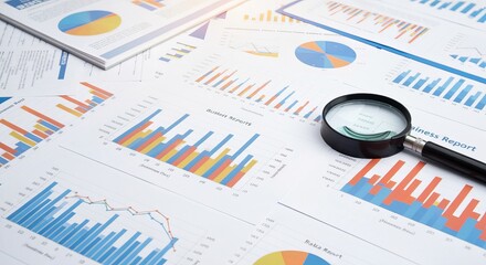 Fototapeta premium Business Data Paperwork with Bar Charts Analysis Using Magnifier for Strategic Optimization Insights