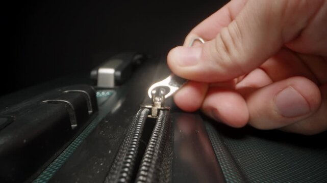 Fingers grip the zipper of a suitcase in low light, opening it with anticipation for a memorable trip, escaping the routine. Dolly slider, close up.