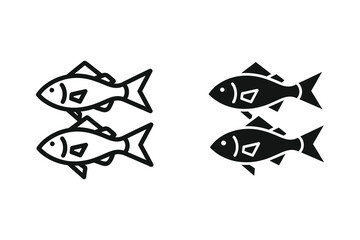 Obraz premium Simple Fish Icons in Line Art and Solid Black Styles for Seafood and Aquatic Themes