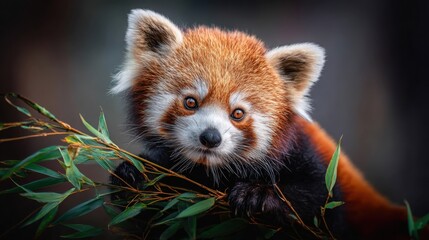 Obraz premium Adorable red panda peeking from a leafy branch, showcasing its curious eyes and furry face.
