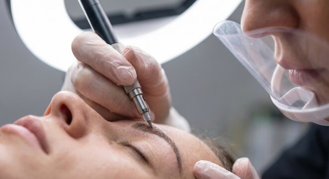 Professional eyebrow microblading procedure with macro focus