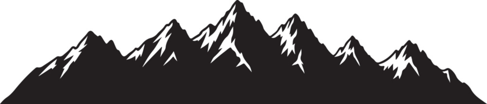 Mountain range silhouette, black mountain peaks, snowy mountains, vector landscape