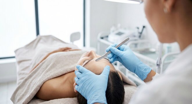 Dermatologist performing dermaplaning treatment on patient's forehead
