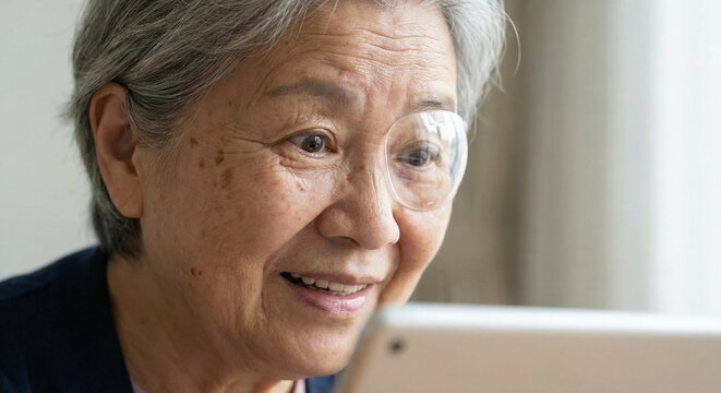 Senior Asian woman amazed looking at tablet after eye surgery