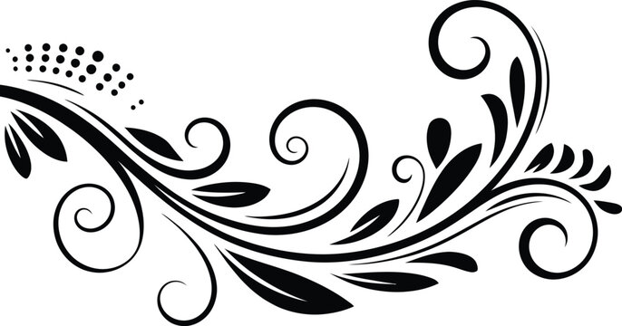 Elegant Black Floral Swirl Ornament Vector Design with Decorative Leaves and Curls for Border, Invitation, and Calligraphic Flourish Illustration