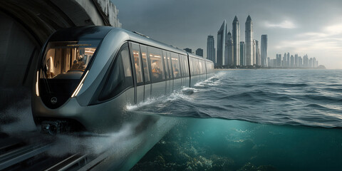 Fototapeta premium Surreal undersea transportation system with vibrant glow and dramatic city backdrop