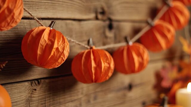 Decorative paper gourds strung on twine against a rustic wooden background