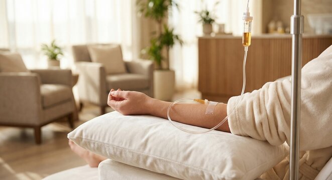Person receiving vitamin IV drip therapy in luxury spa lounge