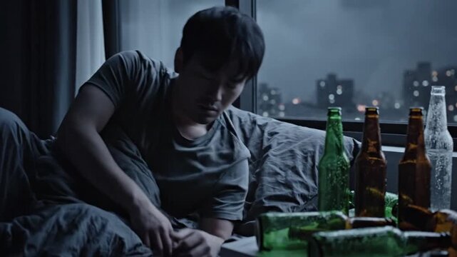Melancholy male waking up inside a somber shadowy bedroom featuring discarded glass alcohol containers while a cloudy nocturnal vista is visible through a pane under an overcast night sky.