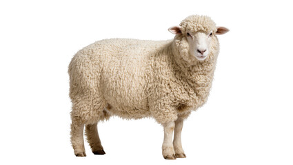 Fluffy cream-colored sheep standing in profile displaying its woolly fleece and gentle expression, isolated on transparent background for farm designs © Anneliese