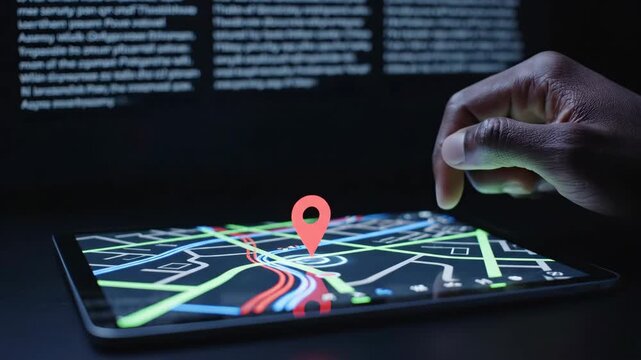 Hand interacting with digital map on tablet screen, highlighting navigation routes and location markers in a dark environment, showcasing modern technology use