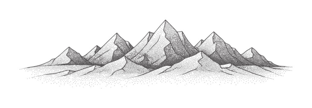 Stippled mountain range landscape in black and white dotwork