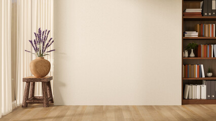 Plakat Lavender vase on chair aside window curtain and wooden bookshelf on parquet floor in white wall room