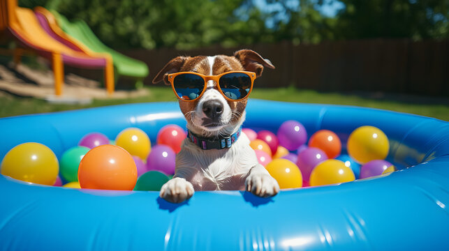 A joyful dog wearing sunglasses plays in a pool with colorful balls in a yard under bright sunlight, a summer scene of relaxation, fun, and pet activity