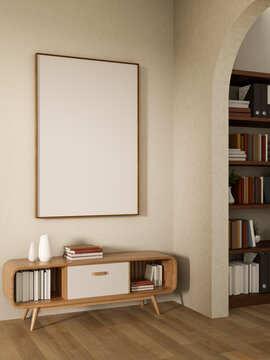 White frame over wooden bookcase table on parquet floor and arch doorway to wall bookshelf next room