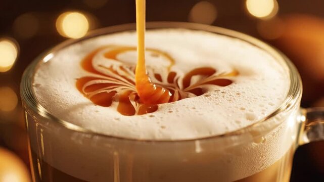 Rich caramel sauce artfully drizzles into a frothy coffee beverage creating a delicate pattern