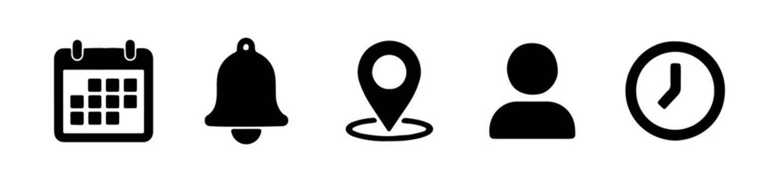 Essential interface icon set, calendar, notification bell, location, user and clock symbols for app and web design, navigation and scheduling vector