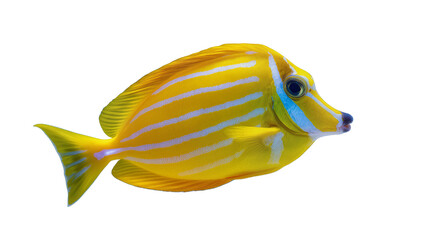 Vibrant yellow and blue striped surgeonfish gracefully swimming, isolated on transparent background for marine biology educational materials © Anneliese