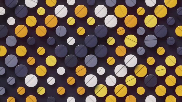 Dynamic 3D pattern of multicolored pills in shades of yellow, white, and dark gray. The seamless looping animation creates a modern and stylish visual effect with rhythmic rotation of the elements