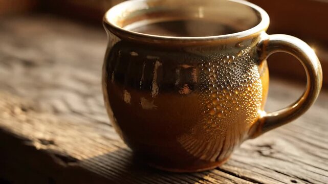 Rich dark coffee swirls in a ceramic mug with condensation resting on a rustic wooden surface