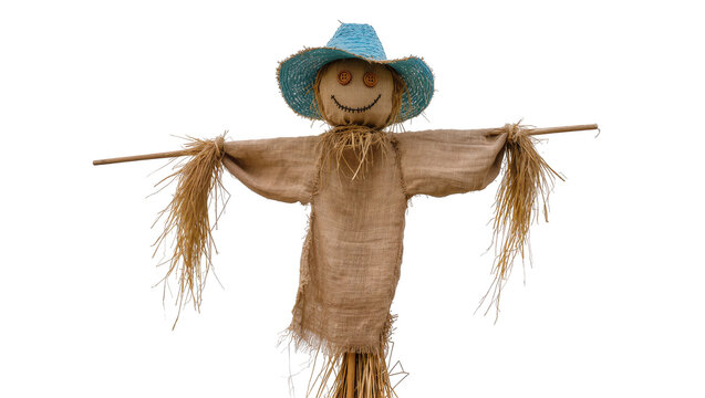 Rustic scarecrow figure wearing a teal cowboy hat grinning with stitched mouth and adorned with straw arms, isolated on transparent background for Halloween designs