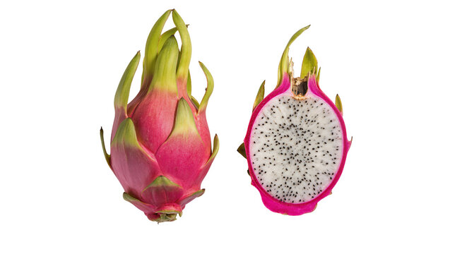 Vibrant pink dragon fruit whole and halved revealing black seeds and juicy white flesh, isolated on transparent background for healthy food designs