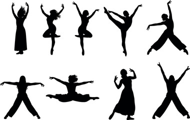 Dance silhouettes vector illustration showing dynamic poses, leaps, spins, expressive gestures, diverse styles, artistic movement design artwork © MdForad