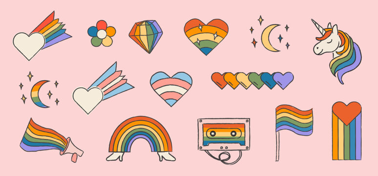 Hand-drawn retro Pride icon set with rainbow gradients and inclusive LGBTQ symbols. Vibrant 70s 80s nostalgic doodle collection with hearts, unicorns, rainbows for pride month. Vector illustration.