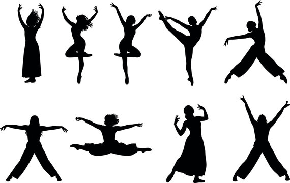 Dance silhouettes vector illustration showing dynamic poses, leaps, spins, expressive gestures, diverse styles, artistic movement design artwork