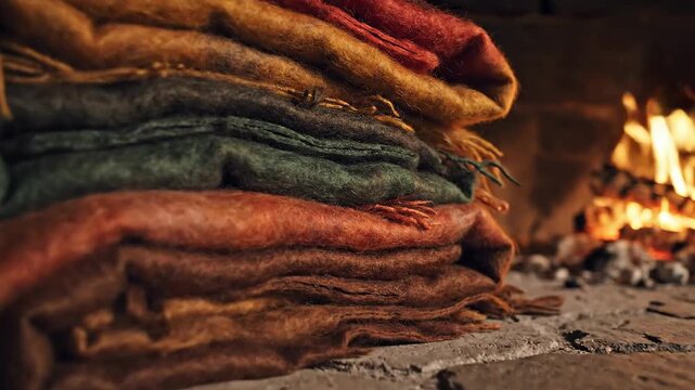 Warm, layered felted wool throws piled high on a stone hearth beside a glowing fireplace, evoking comfort and hygge.
